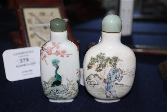 Two Chinese famille rose snuff bottles, 19th century, one with Qianlong mark Tallest 8cm incl. stopper